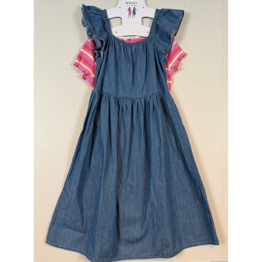 NEW Roxy Youth 2 Pack Dress Pink Striped Ribbed Knit and Blue Smocked Denim Look